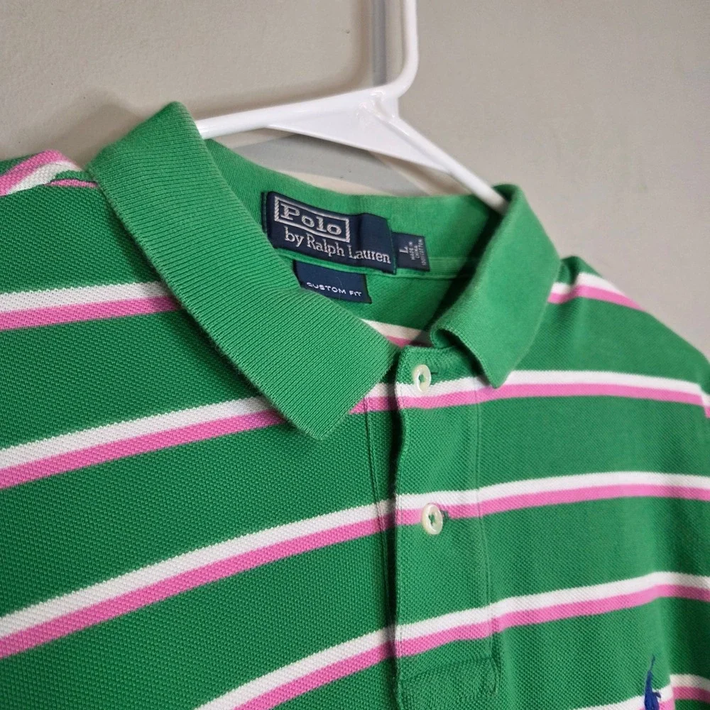 Polo Ralph Lauren Striped Polo Shirt Mens Large Green Pink White Custom Fit Mesh